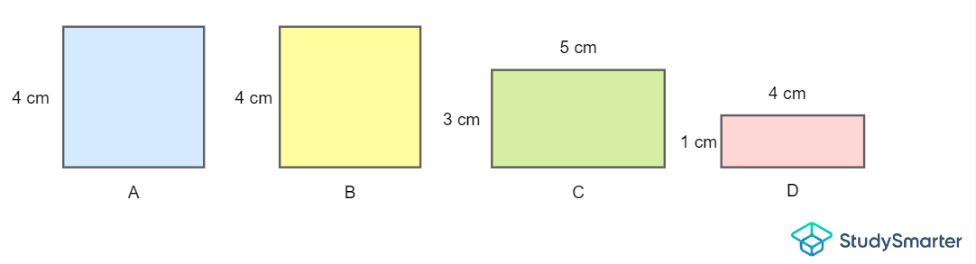 Exemple de carré A et B et de rectangle C et D, StudySmarter Originals