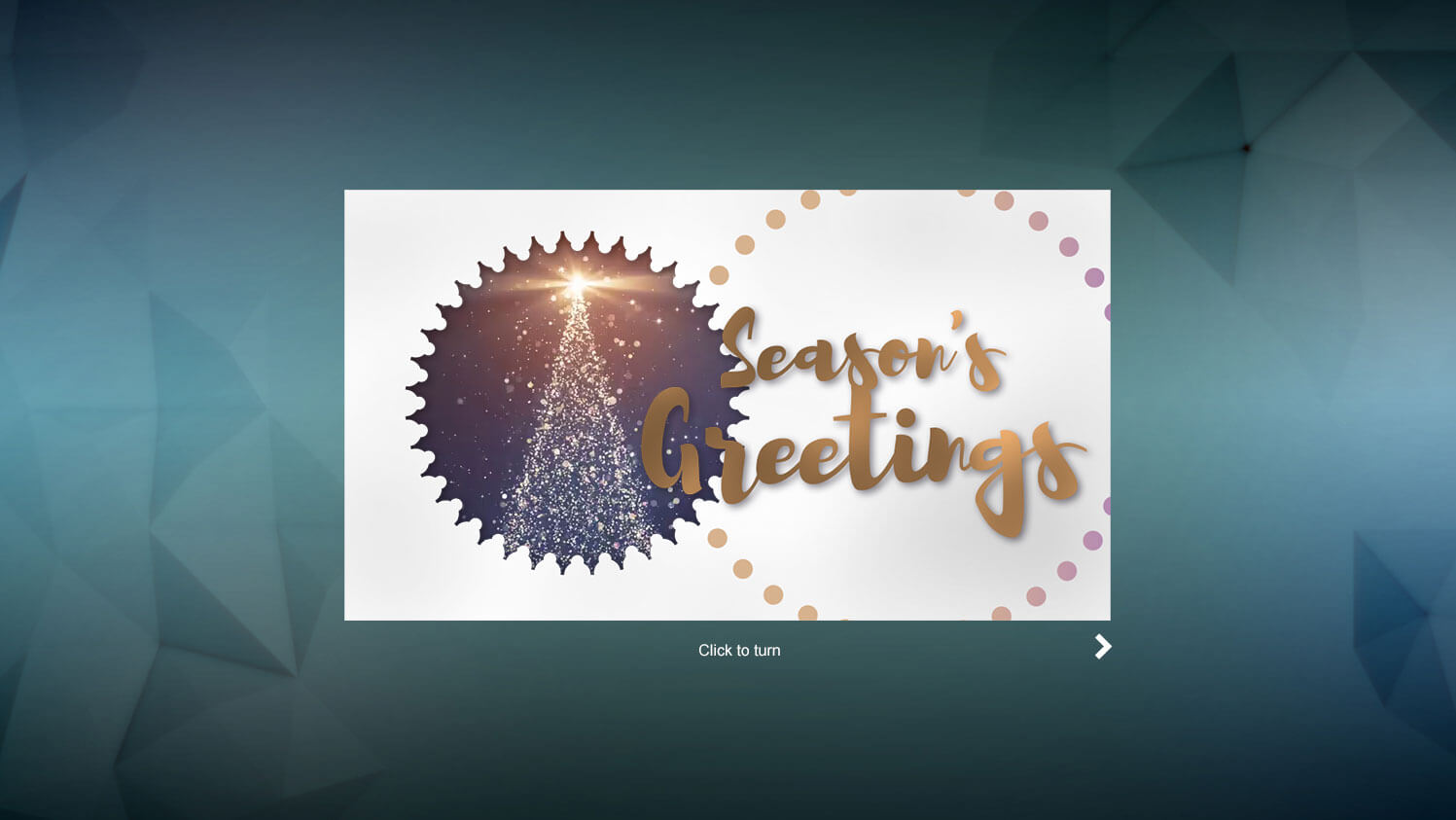 eCard Season's Greetings Merry Christmas, stamp, rotating, tree, gold