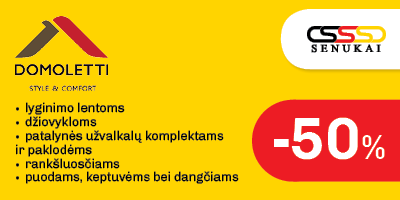 DOMOLETTI lyginimo lentoms, džiovykloms, patalynės užvalkalų komplektams ir paklodėms, rankšluosčiams, puodams, keptuvėms bei dangčiams -50% Pasiūlymas galioja liepos 15–21 d., pateikus nuolaidos brūkšninį kodą kasoje. Akcijos prekių kiekis ribotas. Nuolaidos nesumuojamos.