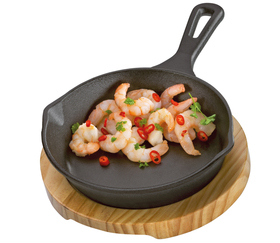 Servierpfanne rund Stielgriff mit Holzbrett