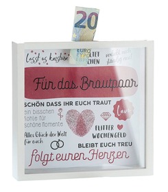 Spardose 'Für das Brautpaar' Sichtfenster aus Klarglas Zum Entleeren der Spardose wird die Glasplatte noch oben geschoben. Größe: 17 x 17 x 4,5 cm