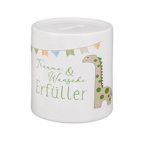 GILDE Keramik Spardose 'Träume & Wünsche Erfüller' weiß/bunt glasiert mit Dino, Verschluss mit Gummistopfen, Artikelmaß ca: H. 9 cm, D. 8,5 cm,