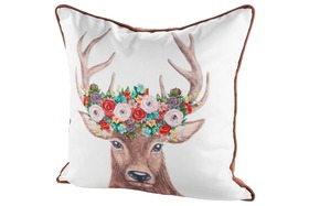 Kissen Hirschkopf mit Blumen braun/creme, Rückseite braun, Bezug und Füllung 100% Polyester, 30 Grad Feinwäsche Größe: 45 x 45 cm