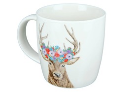 Tasse 'Hirsch mit Blumenkranz' weiß/braun/mehrfarbig, aus Knochenporzellan Füllmenge ca. 380ml Größe: 12 x 9 x 8,5 cm