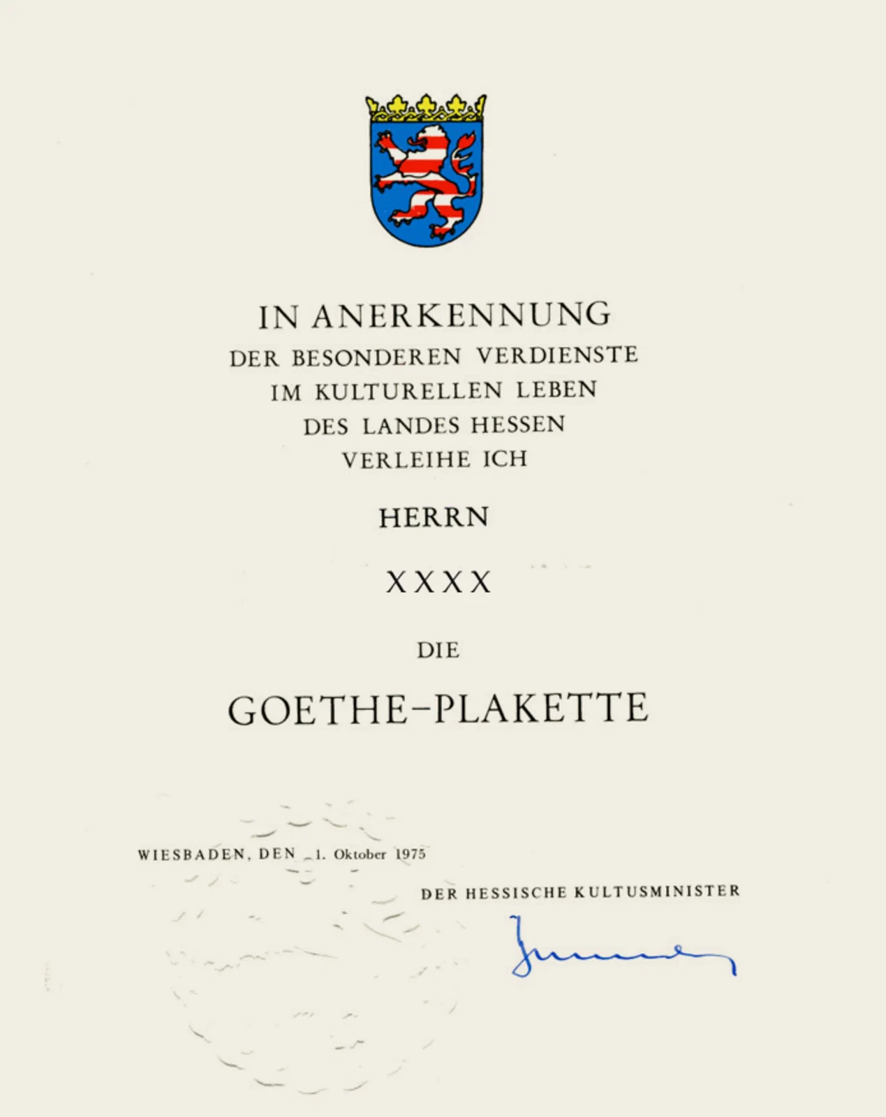 Goethe-Plakette des Hessischen Ministeriums für Wissenschaft und Kunst