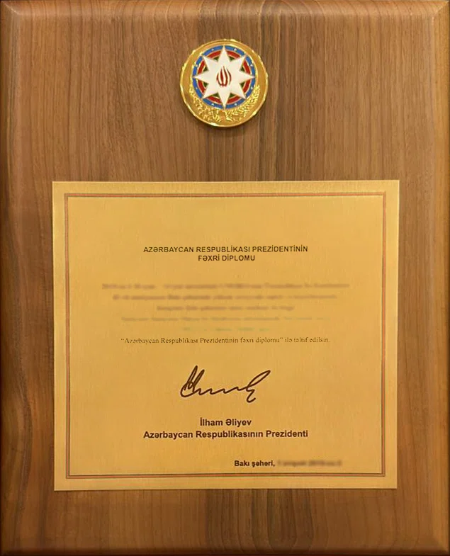 honorary diploma of President of Azerbaijan Republic