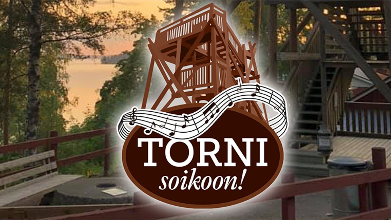 Vehreä taustamaisema, edessä Torni Soitkoon -tunnu