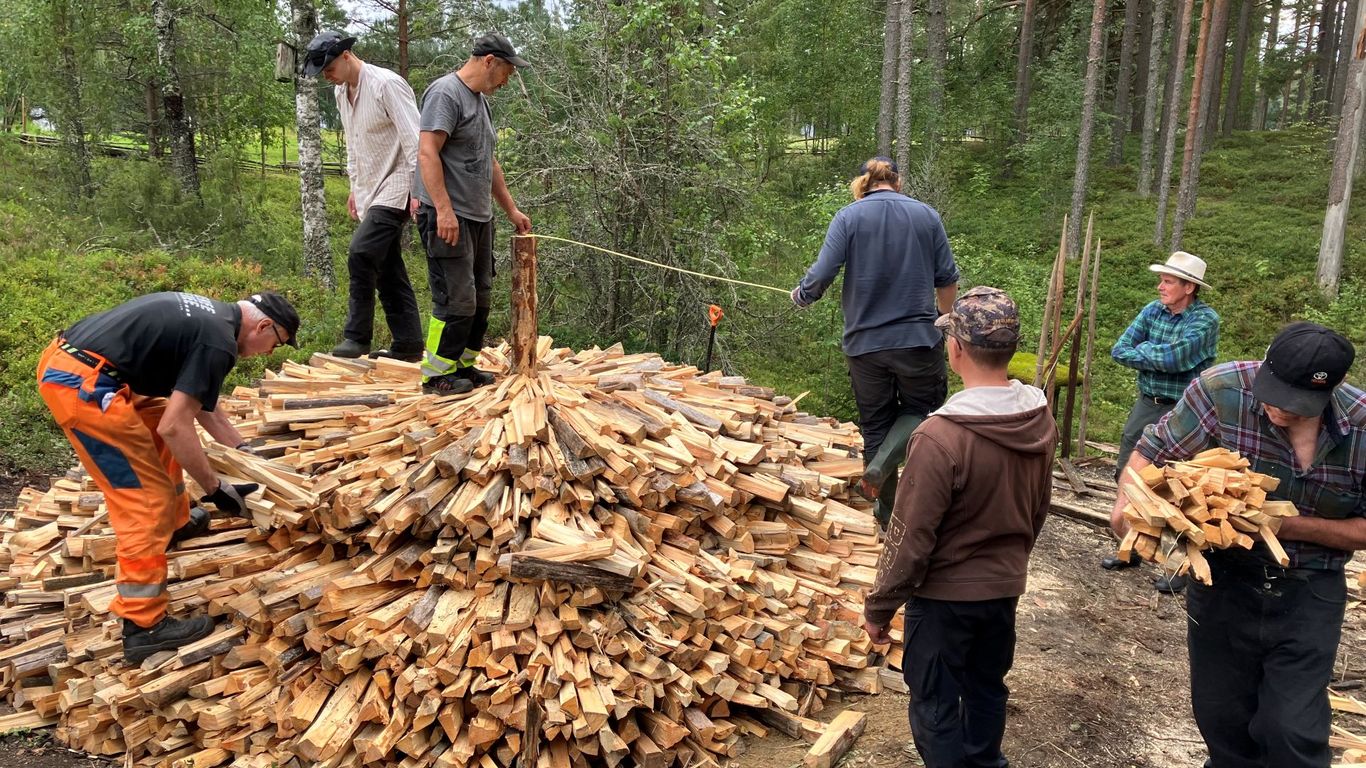 Seitsemän ihmistä rakentaa mäntypilkkeistä ympyrän