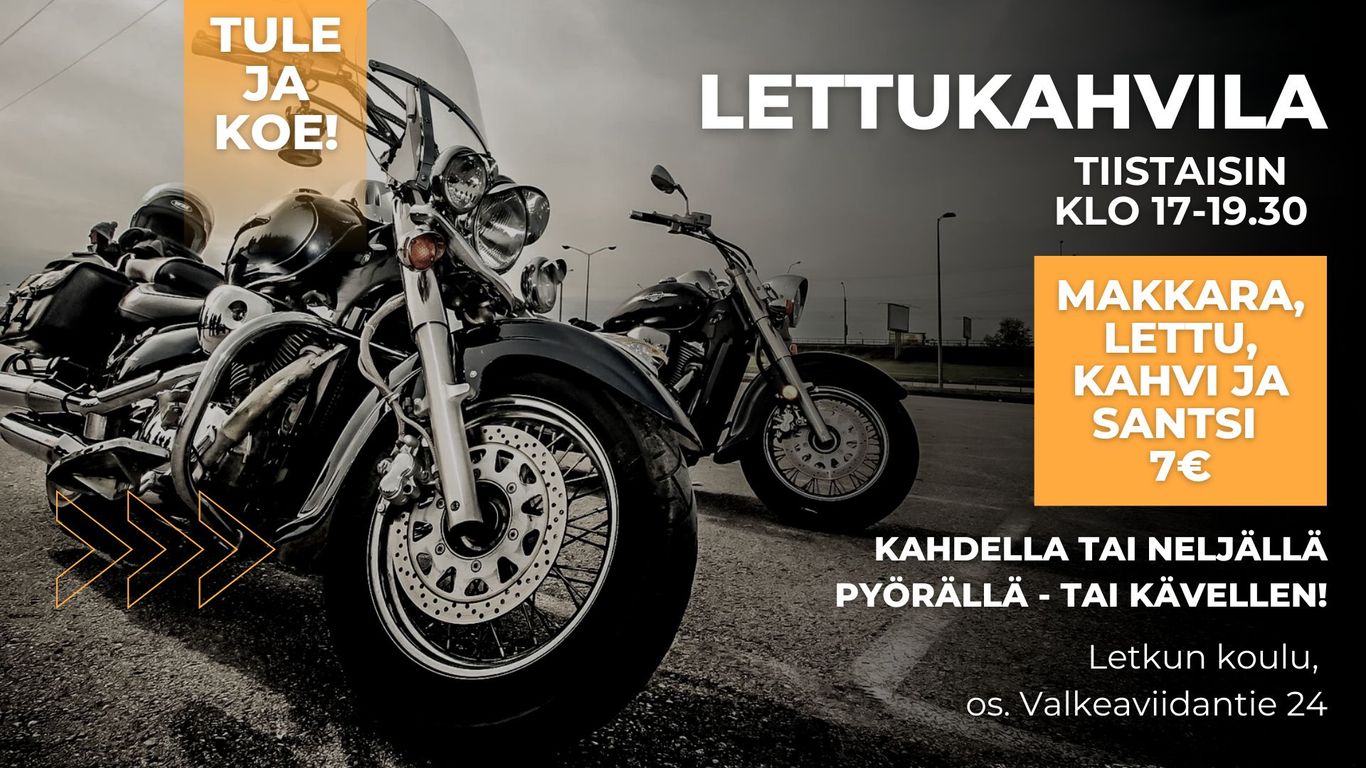 Lettukahvilan mainos, jossa on moottoripyöriä. Let
