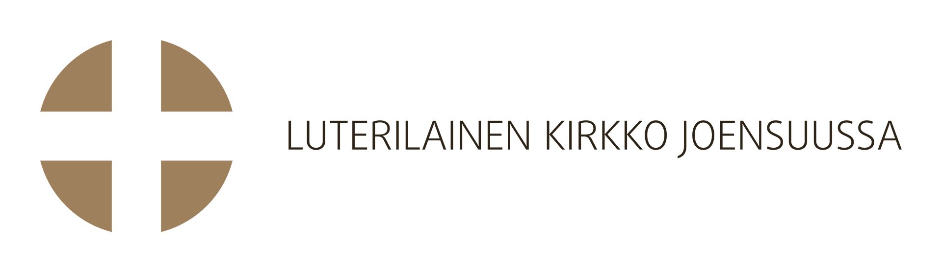 Hiekanvärinen kehrä, jonka keskellä valkoinen risti, teksti Luterilainen kirkko Joensuussa.