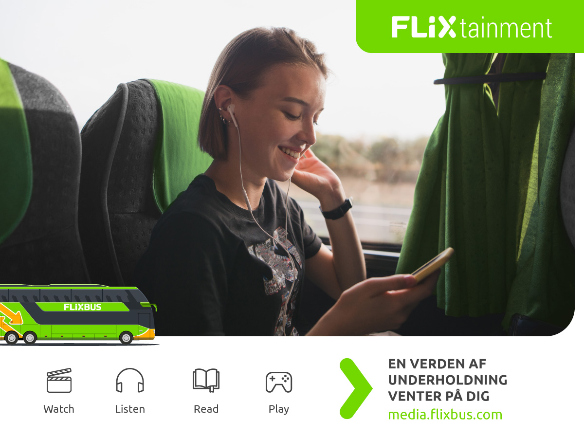 Nu får fjernbuspassagererne gratis underholdning ombord på FlixBus Nu får fjernbuspassagererne gratis underholdning ombord på FlixBus