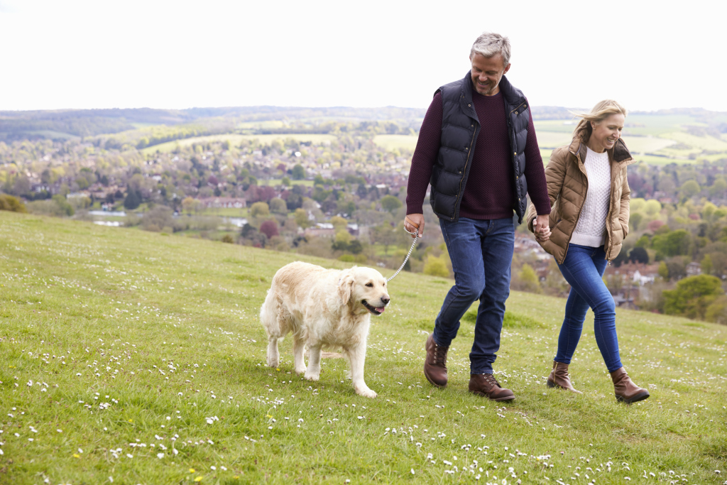 Paar mit Hund beim Wandern Paar mit Hund beim Wandern
