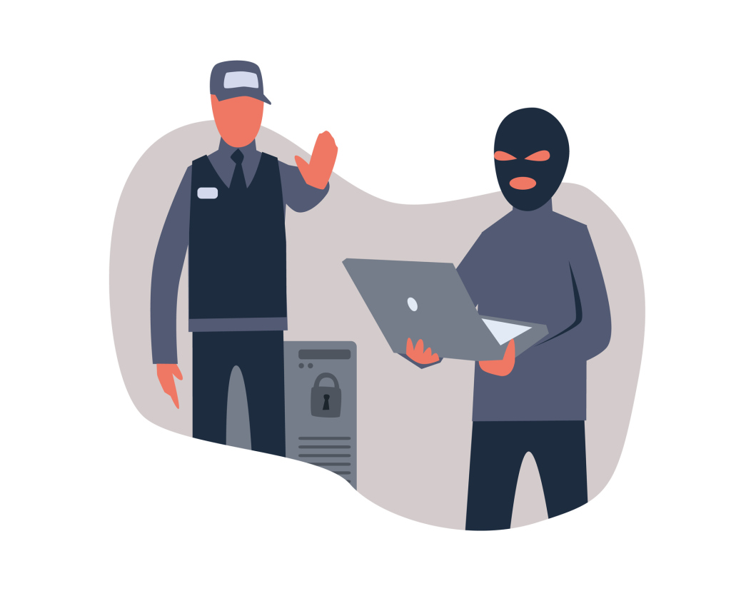 Zeichnung eines Polizisten, der einen PC vor einem Angriff schützt Zeichnung eines Polizisten, der einen PC vor einem Angriff schützt