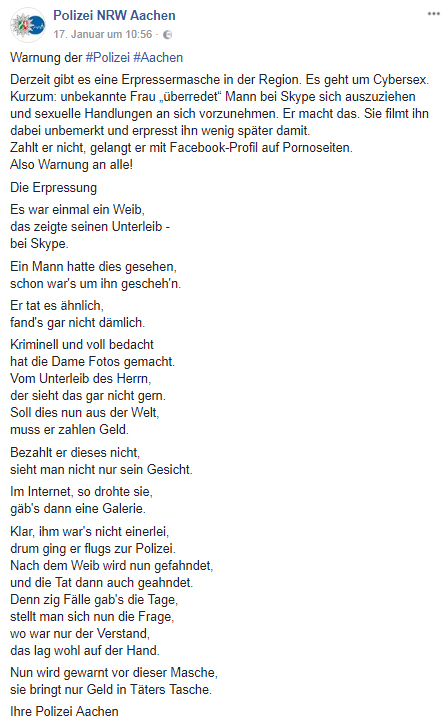 Screenshot Facebook-Post der Polizei Aachen Screenshot Facebook-Post der Polizei Aachen