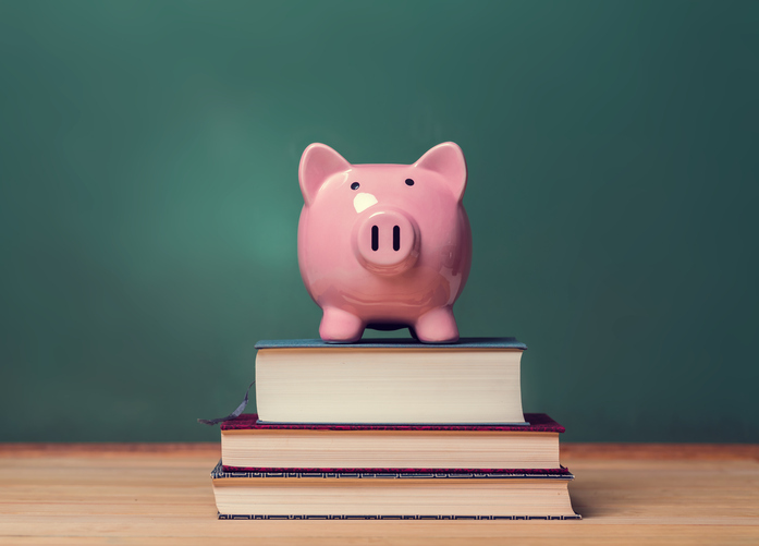 Sparschwein auf Büchern stehend Sparschwein auf Büchern stehend