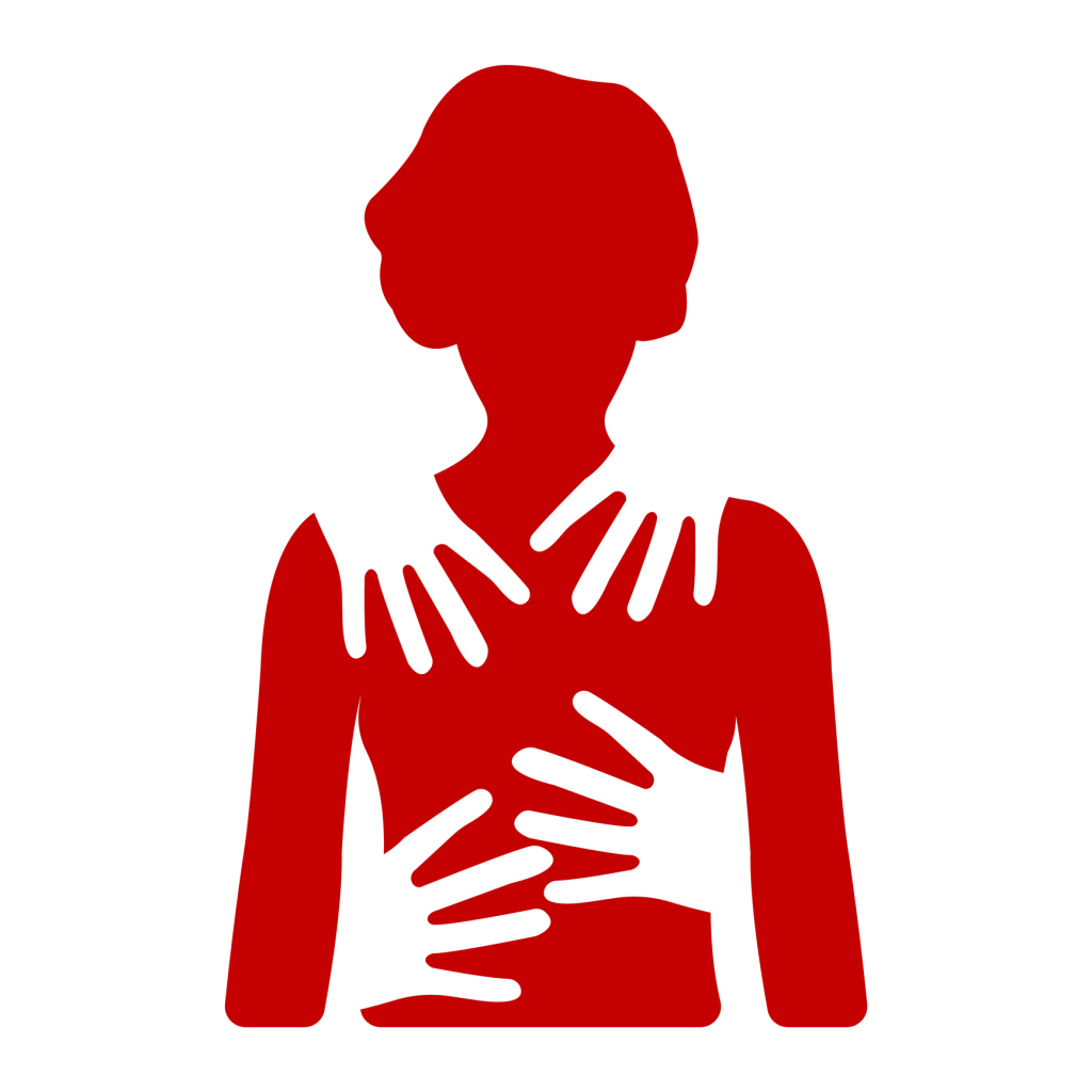 Zeichnung von roten Händen auf weißem Frauenkörper Zeichnung von roten Händen auf weißem Frauenkörper