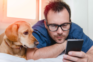 Hund und Herrchen mit Smartphone Hund und Herrchen mit Smartphone