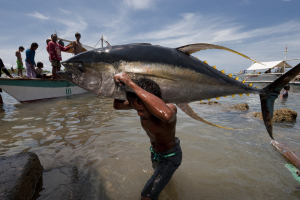 Mann mit Fisch auf der Schulter Mann mit Fisch auf der Schulter