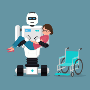 Roboter trägt ältere Frau Roboter trägt ältere Frau