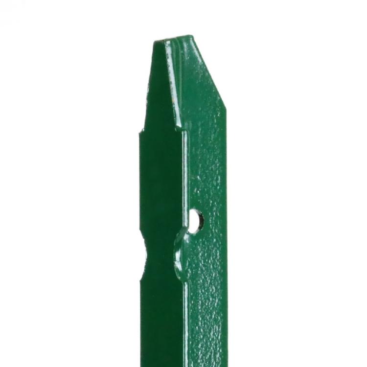 Green RAL6005 plastic-coated T steel fence post drilled Green RAL6005 plastic-coated steel post with T section and Ø 9 mm holes. Suitable for roll fencing on ground or low walls. Full anti-corrosion treatment.