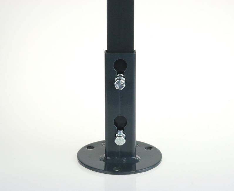 Grey round T 30 post support To bolt a T30-post to a wall with elegance