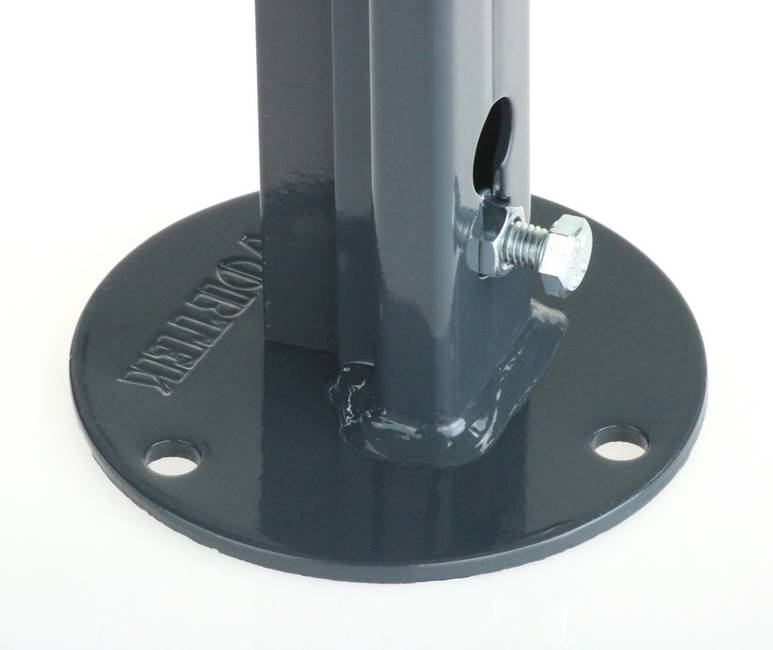 Grey round T 30 post support To bolt a T30-post to a wall with elegance