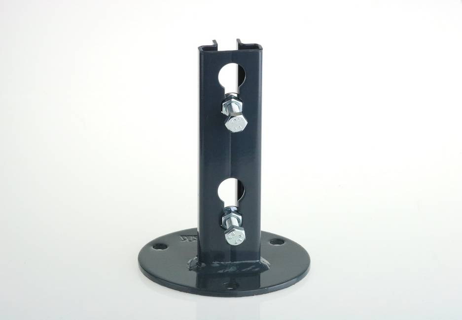 Grey round T 30 post support To bolt a T30-post to a wall with elegance