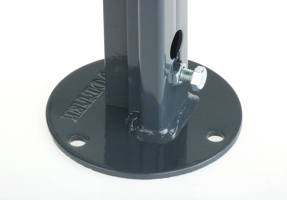 Grey round T 35 post support To bolt a T35-post to a wall with elegance