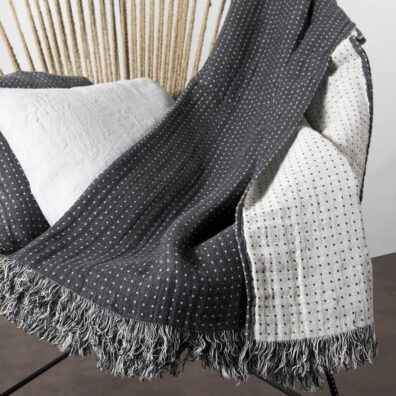 Minštas pledas iš lino, viena pusė tamsiai pilka, kita pusė balta. Su taškeliais.