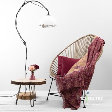 Lininis pledas / lovos užtiesalas tamsiai raudonas-gelsvas gėlėtas dvipusis