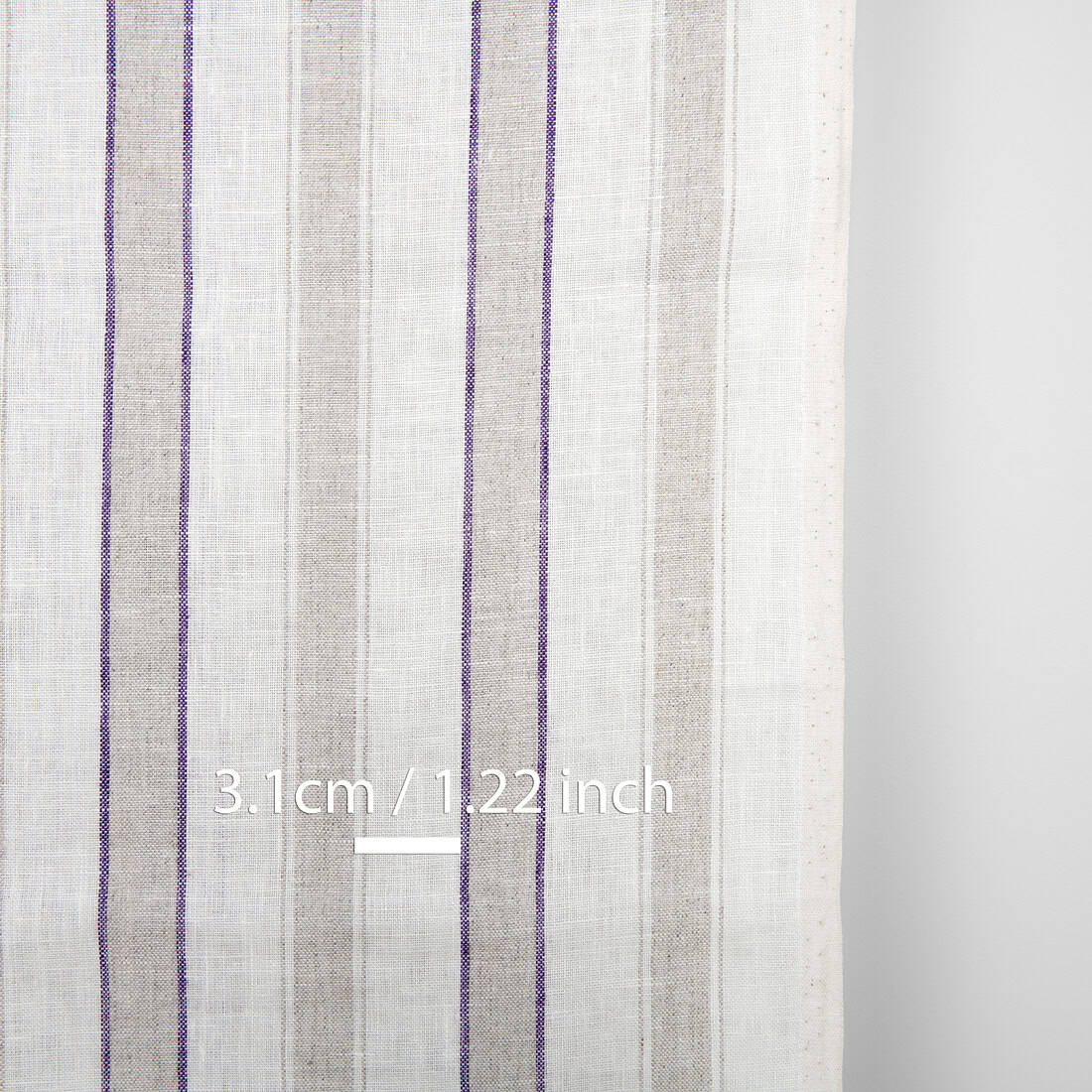 Rankšluostinis lininis audinys su violetiniais ir pilkais dryžiais 50cm pločio