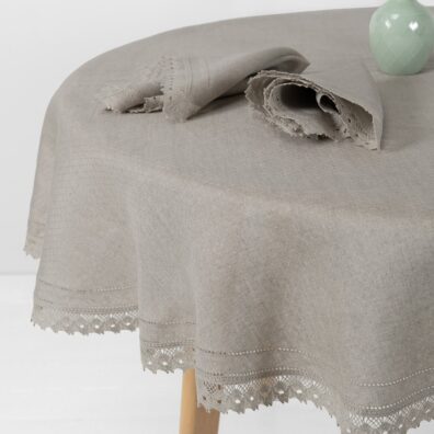 NORA lininė apvali (ovali) pilka staltiesė ir servetėlės