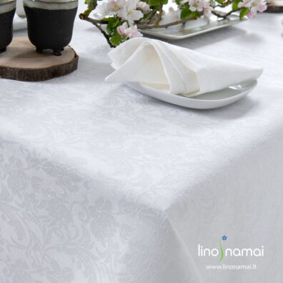 Ryškiai balta lino - medvilnės staltiesė su įaustomis gėlėmis