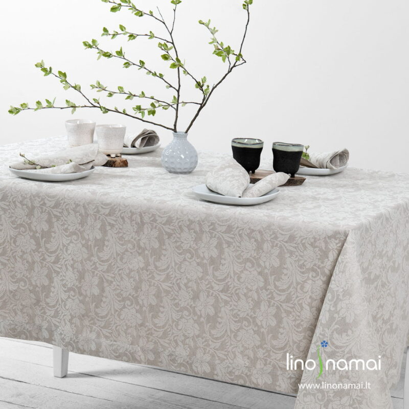 Pilka lininė staltiesė su gėlių ra&scaron;tu