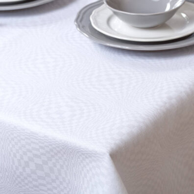 COSMOS ryškiai balta languota lino - medvilnės staltiesė