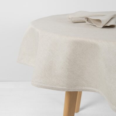 LUNA LAIT lino-medvilnės apvali (ovali) natūrali pilka-balta melanžinė staltiesė mereškuota