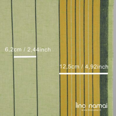 Lino - medvilnės audinys žalsvas su geltonomis ir mėlynomis juostomis virtuvės rankšluosčiams siūti