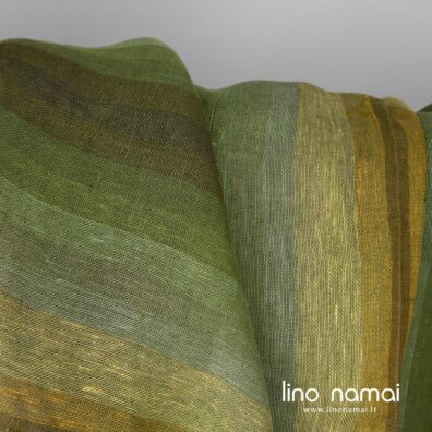 Lininis audinys lengvas permatomas austas žaliomis juostomis