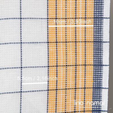 Lino - medvilnės rankšluostinis ryškiai baltas „vaflinis“ audinys geltonais ir mėlynais langeliais