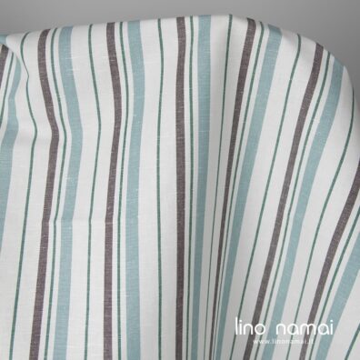 Lino - medvilnės baltas audinys su žalsvomis ir rudomis juostomis