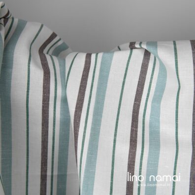 Lino - medvilnės baltas audinys su žalsvomis ir rudomis juostomis tinka drabužiams ir namų tekstilės gaminiams siūti