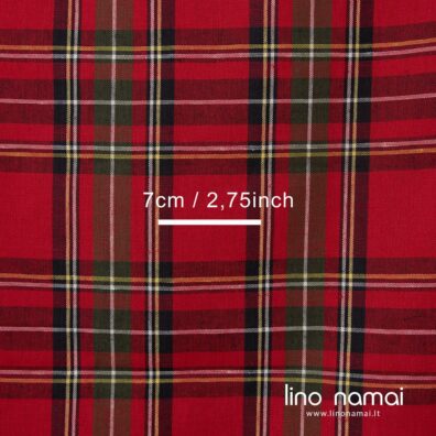 Lino - medvilnės audinys raudonas languotas tinka drabužiams, namų tekstilei siūti