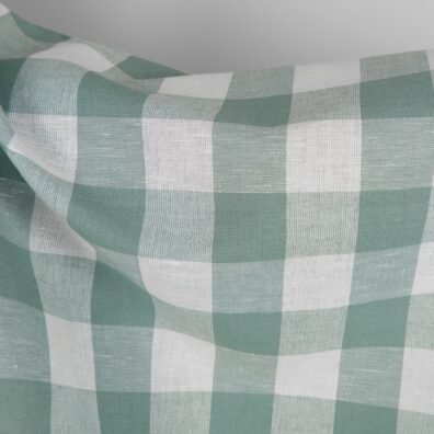 Žalias lino - medvilnės audinys su baltais langeliais