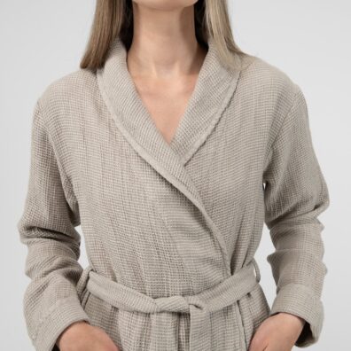 PIKE moteriškas pilkas lino-medvilnės chalatas su šaline apykakle