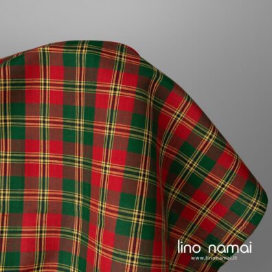 Lino - medvilnės audinys žaliais, raudonais langeliais
