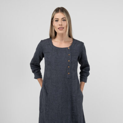 JULI lininė pilka suknelė su 3/4 rankovėmis
