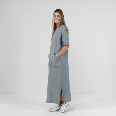 MAROCCO lininė melsvai pilka suknelė su skeltukais šonuose