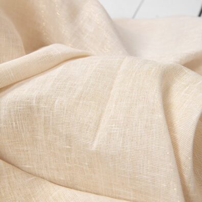 Gelsvas lininis audinys su auksiniu blizgesiu drabužiams ir šventiškai namų tekstilei siūti