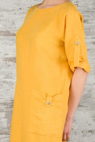 Geltona lininė suknelė su prisegamomis juostelėmis ant rankovių, kišenių