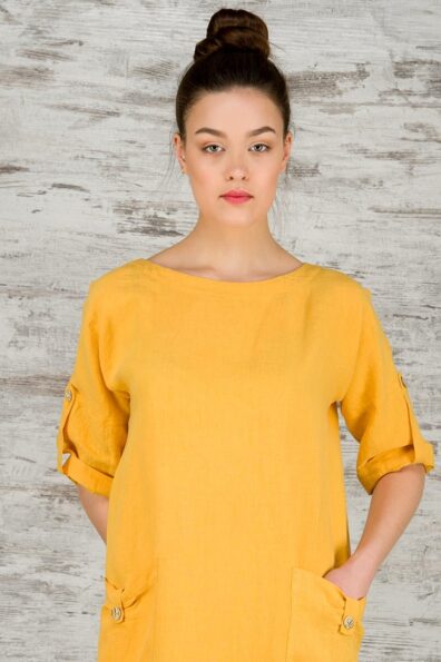 Geltona lininė suknelė su laivelio formos iškirpte